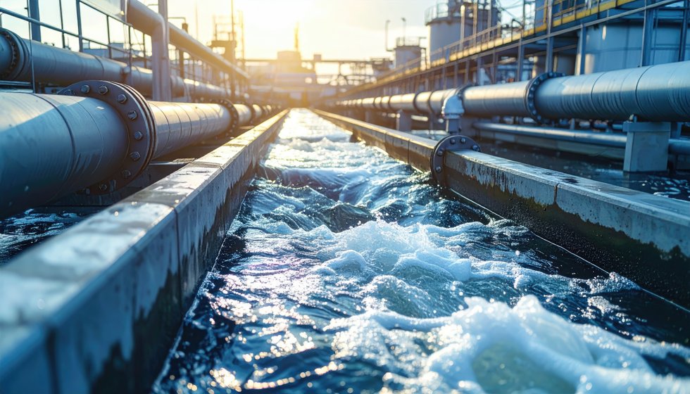Industrial water treatment facility with pipes and tanks Industrial water treatment facility with pipes and tanks